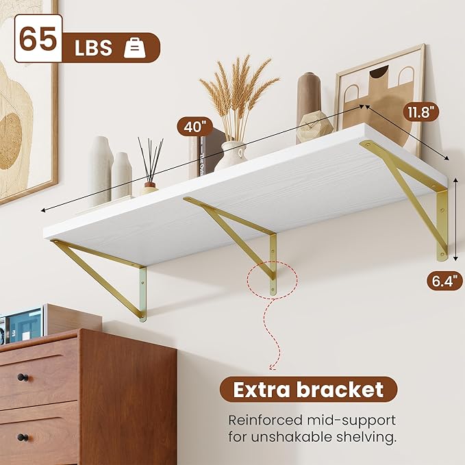 Deep Wall Shelves 40"W x 12"D Engineered Wood Floating Shelves for Wall, Sturdy Metal Bracket(Gold) Bookshelves Home Decor Storage for Living Room Bedroom Bathroom Kitchen, Set of 2, White Finish