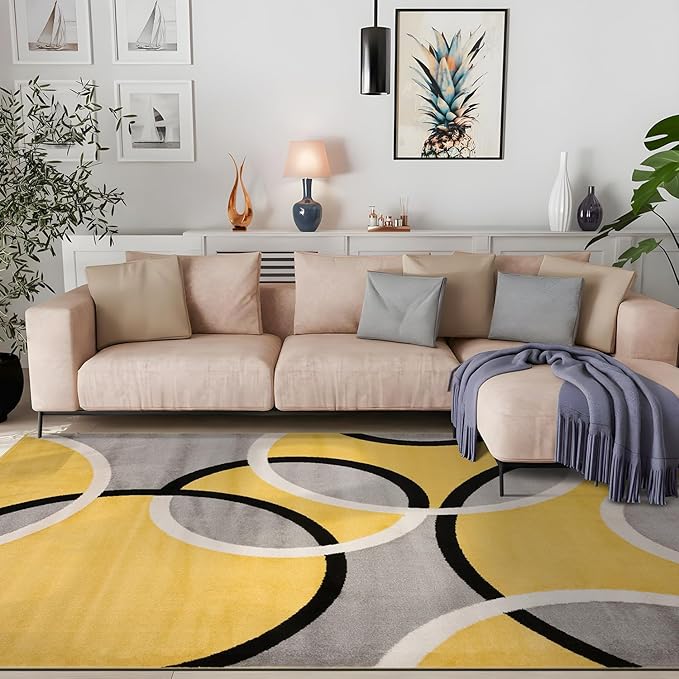 Rugshop Contemporary Abstract Circles Area Rug, Fade-Resistant Carpet for Living Room, Bedroom, or Home Office, Yellow, 5'3" x 7'3"