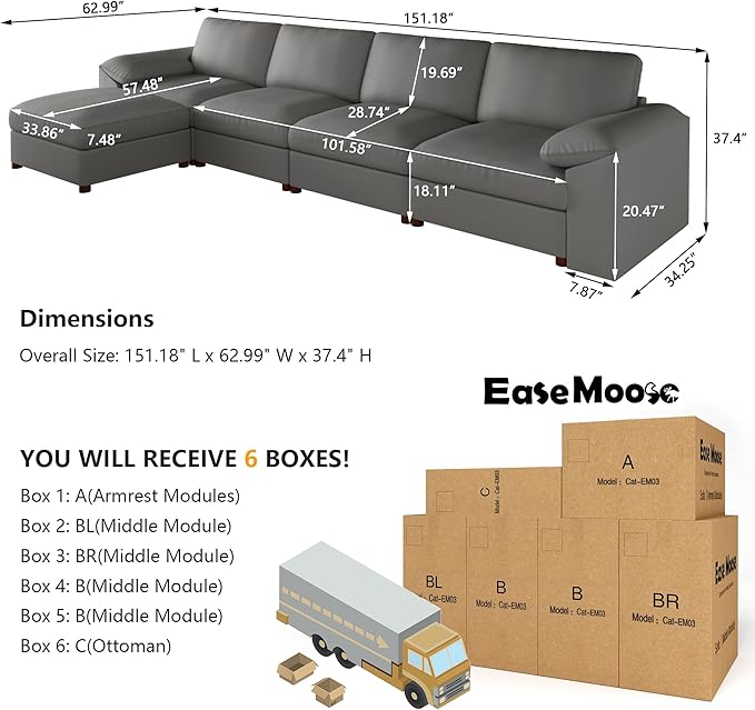 EASE MOOSE Oversized Modular Sectional Sofa,Leather Sectional Couch with Deep Seat,Extra Large L Shaped Couch,Modern Comfy Scratch Resistant Faux Leather Material Sofa,Grey