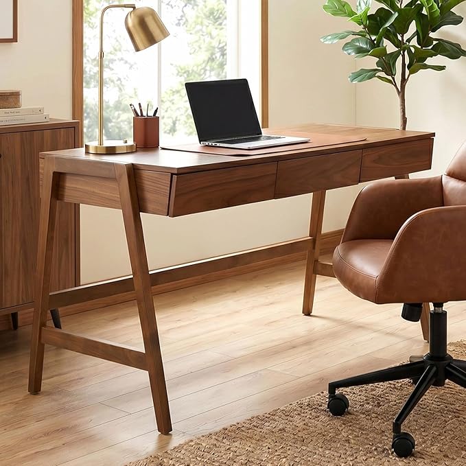 HNY 59 Inches Walnut Wooden Writing Desk with 3 Drawers, Computer Study Table with MDF Top, Solid Rubberwood Legs and Hidden Cable Management Holes, Corner Makeup Vanity Desk for Home Office, Bedroom