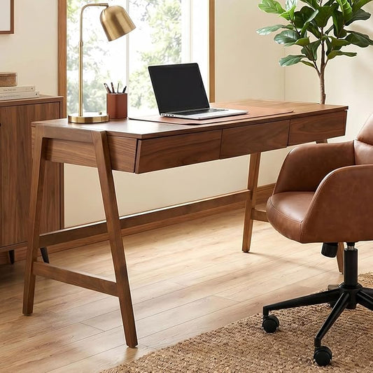 HNY 59 Inches Walnut Wooden Writing Desk with 3 Drawers, Computer Study Table with MDF Top, Solid Rubberwood Legs and Hidden Cable Management Holes, Corner Makeup Vanity Desk for Home Office, Bedroom