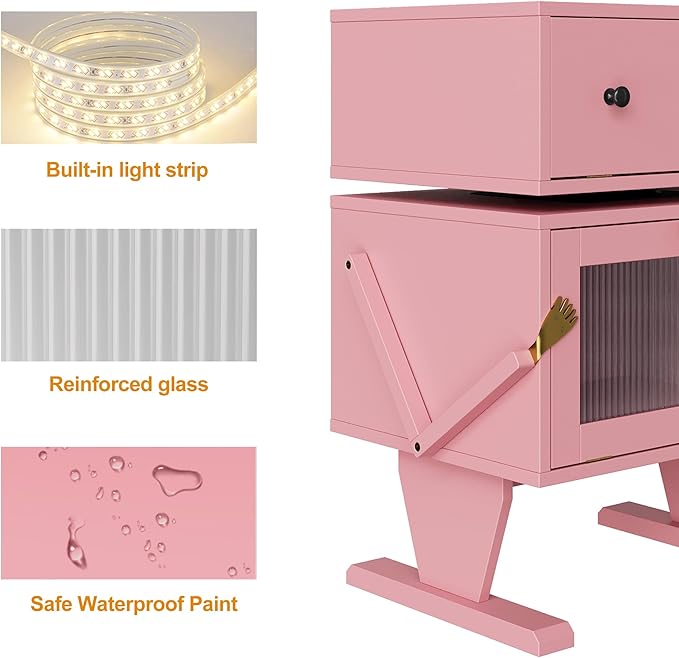 RoyalCraft Large Nightstand with LED Lighs, Pink End Table with 360°Rotating Drawer, Modern Bedside Table with Storage, Wood Night Stand for Bedroom, Home Office, Pink