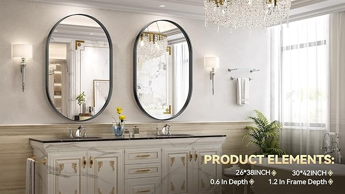 Brightify Black Oval Mirror for Bathroom 26x38 Inch, Metal Framed Bathroom Vanity Mirrors, Modern Wall Mirror for Bedroom Living Room Wall Decorative Hang Vertical and Horizontal