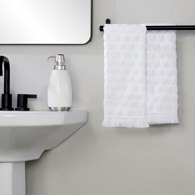 SKL Home Valentine's Day Heart Jacquard 100% Cotton 2pc Hand Towel Set, Decorative for Bath/Kitchen/Bar & Gift, White
