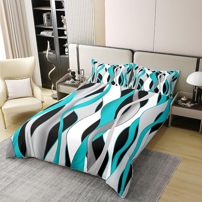 Erosebridal Teal and Black Bedding Set Full Turquoise Striped Geometric 100% Cotton Duvet Cover Contemporary Wave Lines Comforter Cover for Kids Teens Adults Modern Geometric Stripes Bed Set 3 Pcs