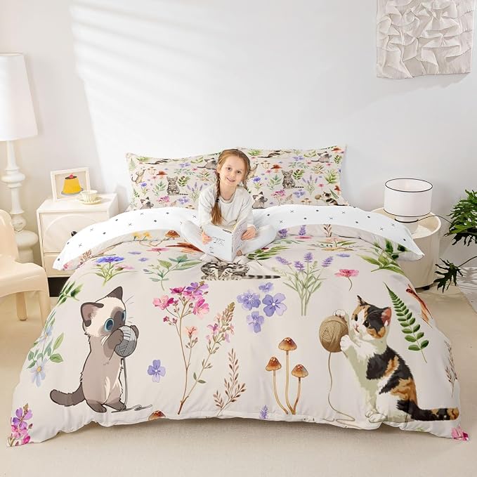 Erosebridal Cute Cat Bedding Set Queen Kitten Cat Lovers Duvet Cover Cream Boho Watercolor Floral Comforter Cover for Kids Girls Boys Adults Funny Pet Animal Bed Set