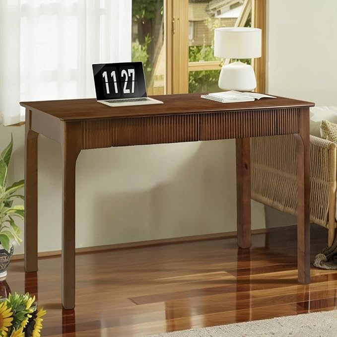 39.4'' Solid Wood Desk with 2 Drawers, Mid Century Modern Home Writing Office Small Wooden Desk ,Vintage Computer Table with Storage for Living Room, Bedroom, Fluted Design Walnut(Walnut, 39.4 Inch)
