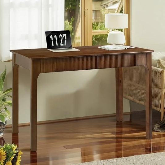 39.4'' Solid Wood Desk with 2 Drawers, Mid Century Modern Home Writing Office Small Wooden Desk ,Vintage Computer Table with Storage for Living Room, Bedroom, Fluted Design Walnut(Walnut, 39.4 Inch)