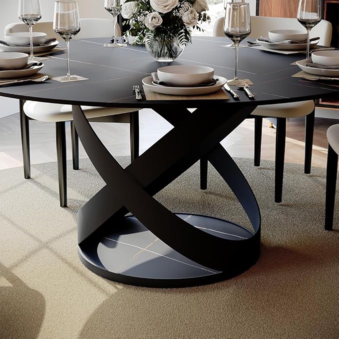 POVISON 60" Round Dining Table for 6, Modern Dining Room Table with Lazy Susan, Matte Black Sintered Stone Dining Tabletop with X-Shape Carbon Steel Base (Table Only)