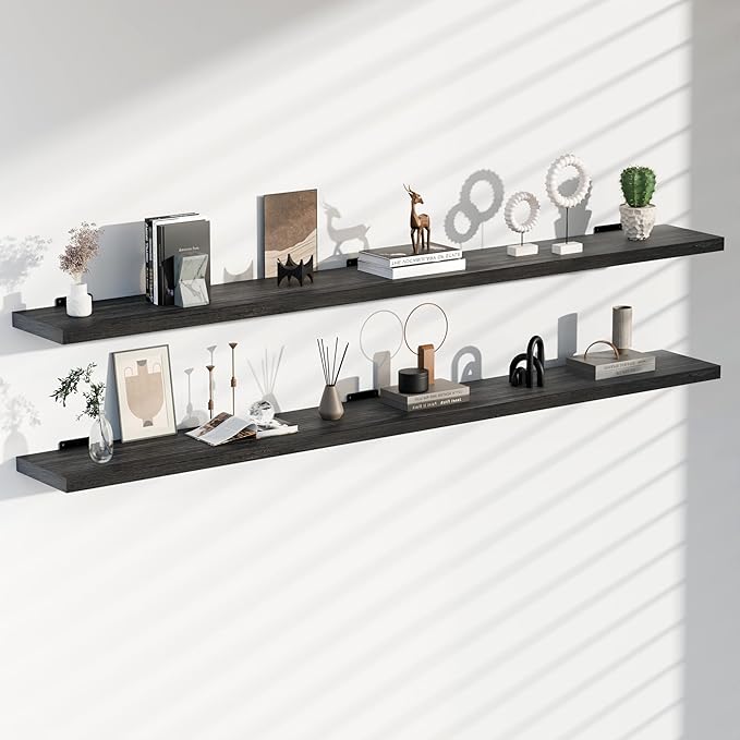 60 Inch Rustic Black Wood Floating Shelves 2-Pack - Farmhouse Wall Shelves with 150 lbs Capacity, Easy Installation for Living Room, Kitchen, Bedroom