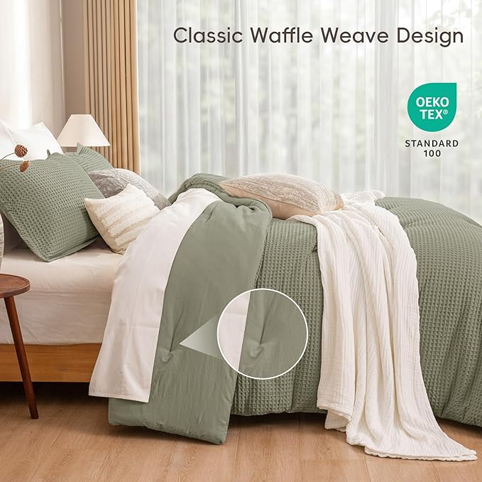 PHF Ultra Soft Waffle Weave Comforter Set King Size, 3 Pieces Lightweight Breathable Comfy Bedding Set, Comfy Textured 1 Comforter with 2 Pillow Shams, Dusty Sage