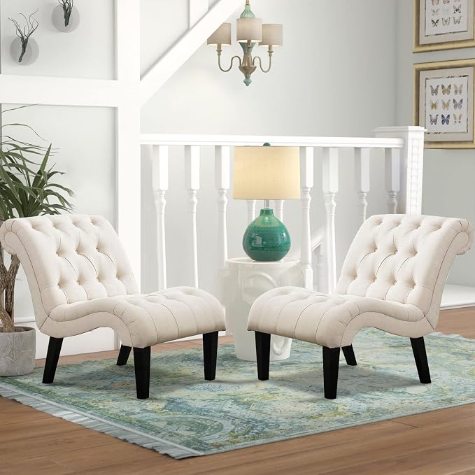 Accent Chairs Set of 2 Mid Century Modern Tufted Upholstered Chair for Living Room Bedroom Curved Armless Side Chairs with Wood Legs Linen Fabric