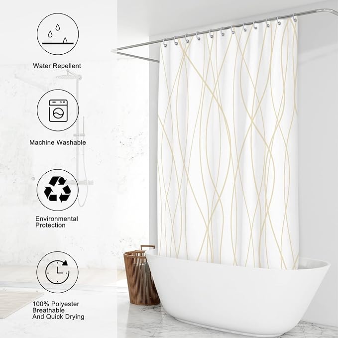 Punkray Beige Khaki Shower Curtain for Bathroom with Hooks, Extra Long Shower Curtain Set Stripe Bath Curtains Decorative White Shower Curtains Weighted Hem Water Repellent Washable, 72 x 72