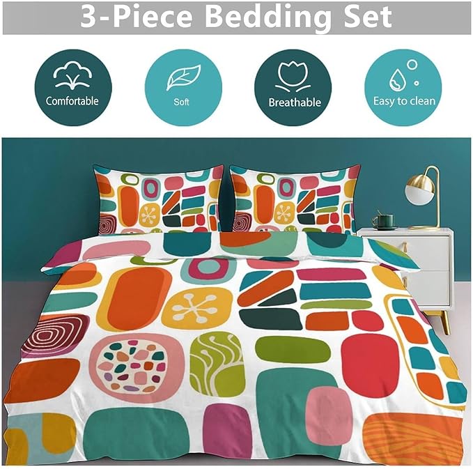 Mid Century Modern Bedding Set,Retro Geometric Colorful Diamond Abstract Geometric Vintage 60s 70s Pattern Comforter Set with Pillowcase for Bedroom Bed Decor，Twin 86"x70"