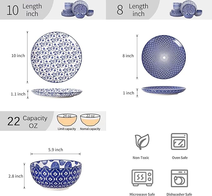 Selamica Ceramic Plates and Bowls Sets,18 Pieces Retro Floral Dinnerware Sets for 6,Dishwasher & Microwave Safe dish set,Family & Holiday Dining, Vintage Blue