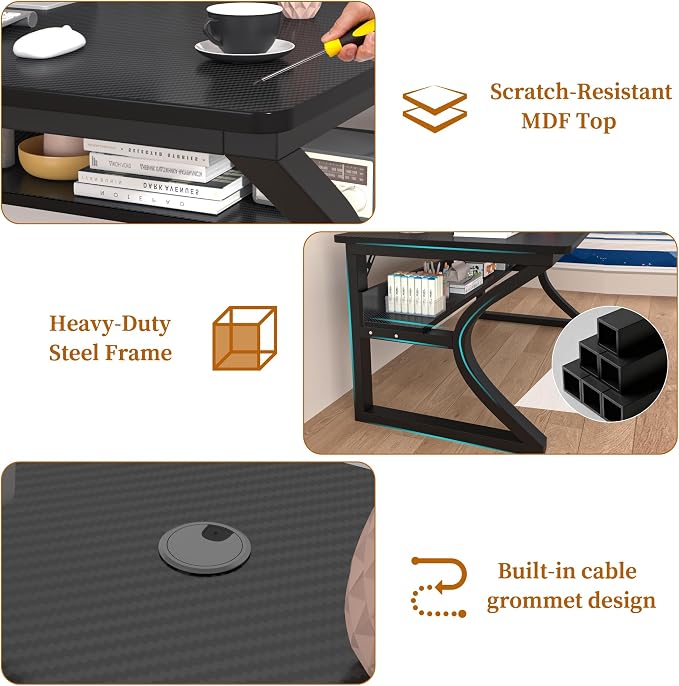 55 X 23.6'' Computer Desk, Home Office Desks w/Shelf Storage, Computer Desk w/Metal Frame, Cable Management, Study Student Desk Writing Work Table Deeper & Thicker Desktop for Home Bedroom