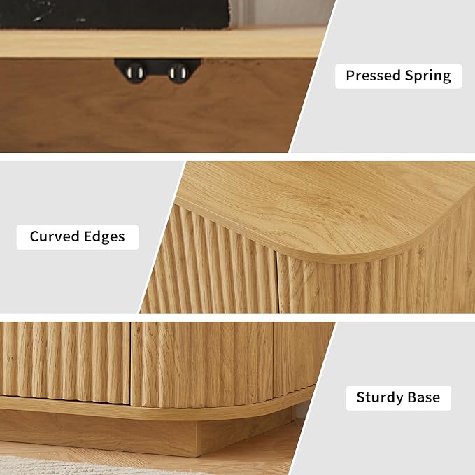 LKTART 64" Sideboard Buffet Cabinet with Storage, Wooden Fluted Storage Cabinet Sideboard Credenza with Adjustable Shelves Pressed Spring for Kitchen Living Room (Natural Oak)