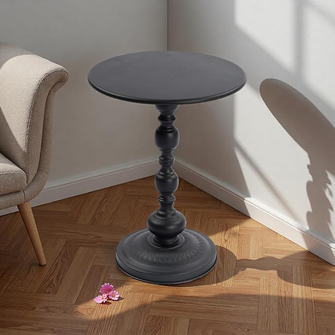 Round Drink Tables Set of 2, Vintage Black Metal Pedestal Side Tables for Living Room, Small Martini Accent Tables for Sofa Bedside Nightstand Small Spaces