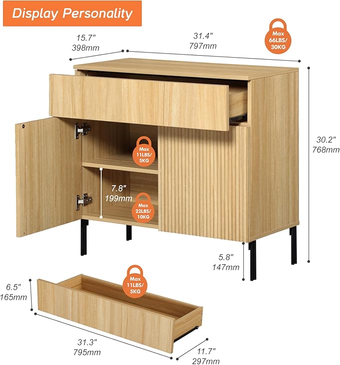 WAMPAT 31.5" Buffet Sideboard Cabinet with Storage, Wood Credenza Console Table with 1 Drawer & 2 Doors, Coffee Bar Cabinet, Wine Bar Storage for Dining Room, Living Room, Oak