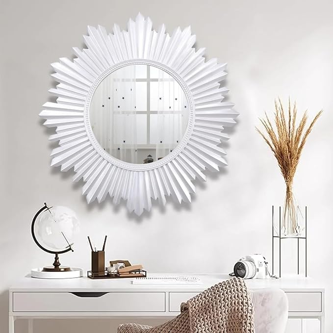 Armanda Collection Sunburst Round Wall Mirror Handmade Resin Frame Decorative Home Accent (Pearl) 47x47 cm / 18.5x18.5 Inches