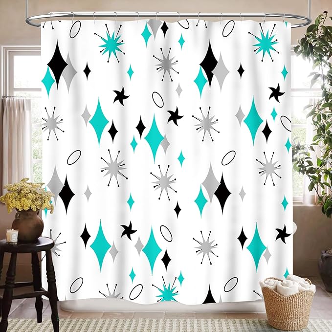 Mid Century Modern Shower Curtain for Bathroom, Abstract Geometric Teal Gray Atomic Iconic Retro 1950s 1960s Vintage Rustic Waterproof Fabric Shower Curtain Set with Hooks, 72"x78"