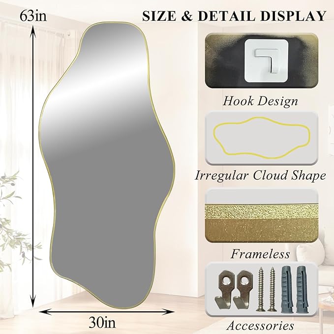 Large Irregular Frameless Mirror, 63"x30" Asymmetrical Full Length Mirror for Dressing, Gold Modern Abstract Tempered Glass Mirrors for Living Room Bathroom Bedroom Hallway Entryway