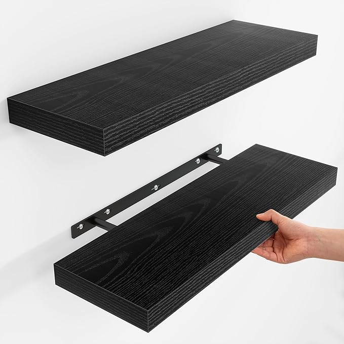 Fun Memories Floating Shelves for Wall, Rustic Wood Wall Mounted Shelves for Bathroom, Bedroom, Living Room & Kitchen, Storage Display Shelves, (Set of 2, Black, 24 in)