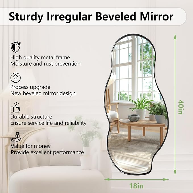 POZINO Irregular Beveled Mirror, 40"x18" Asymmetrical Vanity Wall Mirror with Black Metal Frame, Organic Shape Mirrors for Entryway Bedroom Bathroom Living Room, Horizontal/Vertical Hanging