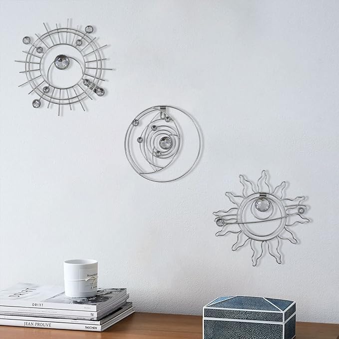 Silver Metal Wall Art, Abstract Sun Moon Star Decor, Modern Line Art Valentine Decorations, Mystical Star Circle Planet Handmade Wall Valentine Decor for Living Room Kitchen Office 9 inch