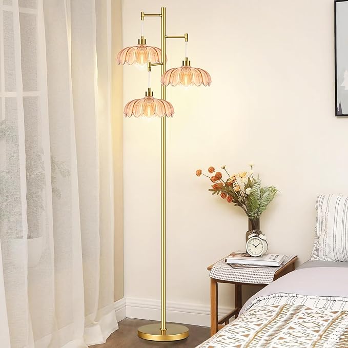 Glass Floor Lamp for Living Room,Bedroom,Gold Mid Century Modern Standing Lamp Brass Tree 3 Light Tall Floor Lamps Vintage Retro Floor Lights Flower Lamp Shade Farmhouse Boho Bohemian