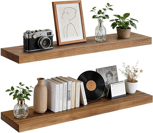 Floating Wall Shelf 36x6.8x1.7 Inch – Solid Wood Shelf in Dark Oak Finish – Heavy Duty Wall Mounted Rustic Display Shelf for Living Room, Kitchen, Bedroom, Hallway – Set of 2