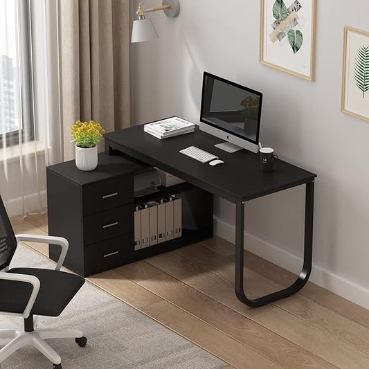 Homsee Home Office Computer Desk Corner Desk with 3 Drawers and 2 Shelves, 55 Inch Large L-Shaped Study Writing Table with Storage Cabinet - Black