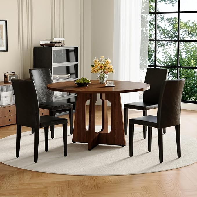 47" Round Dining Table Set for 4, Walnut Wood Grain Table and 4 Black PU Leather Upholstered Chairs Set, Mid Century Modern Kitchen Table Set with Cross Legs