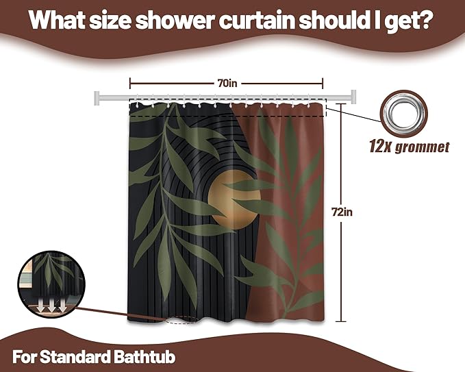 Boho Orange Shower Curtain, Mid Century Modern Green and Orange Shower Curtains for Bathroom, Waterproof Fabric Set with Hooks, 70" W x 72" L
