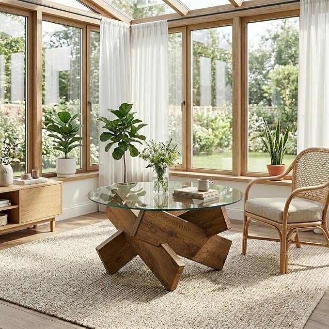 Circle Coffee Table, 33.4" Round Glass Coffee Table for Living Room, Mid Century Modern Center Table with Rustic Wood Crossed Legs, Glass Top Cocktail Table