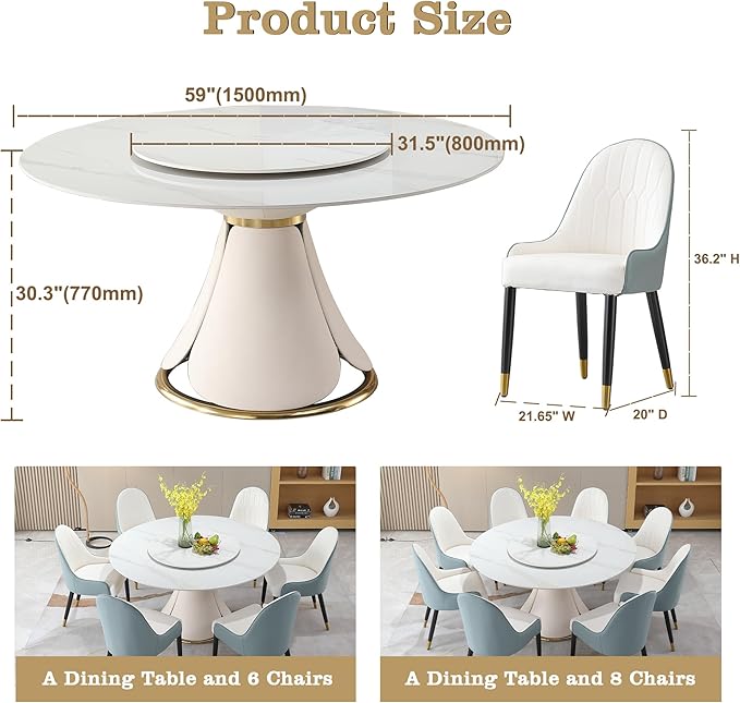 Round Marble Dining Table Set for 6-8, Kitchen Table, Dining Room Table Set Petal Pu Leather & Metal Base (1 Table and 8 Blue Chairs)