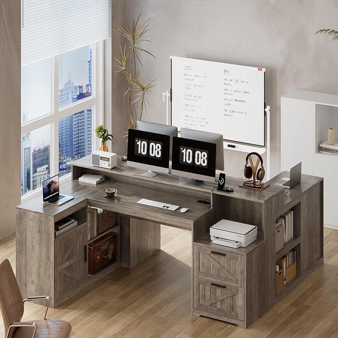 TVU Farmhouse L Shaped Desk with Drawers, 62.2" Home Office Desk with Storage Shelves and Power Outlet, L Shaped Computer Desk with Monitor Stand and Printer Shelf, Gray