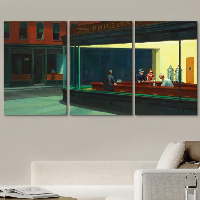 wall26 Canvas Print Wall Art Set Nighthawks by Edward Hopper Cultural Historic Oil Painting Fine Art Reproduction Scenic for Living Room, Bedroom, Office - 16"x24" x 3 Panels