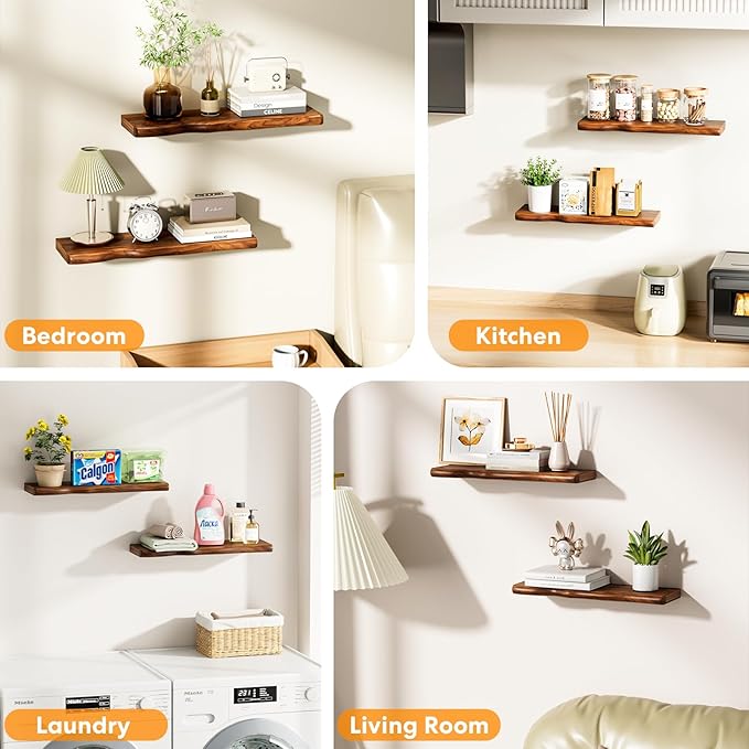 Floating Shelves for Wall Rustic Farmhouse 24 Inch Floating Shelf Bathroom Wooden Shelves for Wall Mounted Live Edge Pine Wall Shelf with Unique Natural Grain for Living Room Bedroom Kitchen (Walnut)