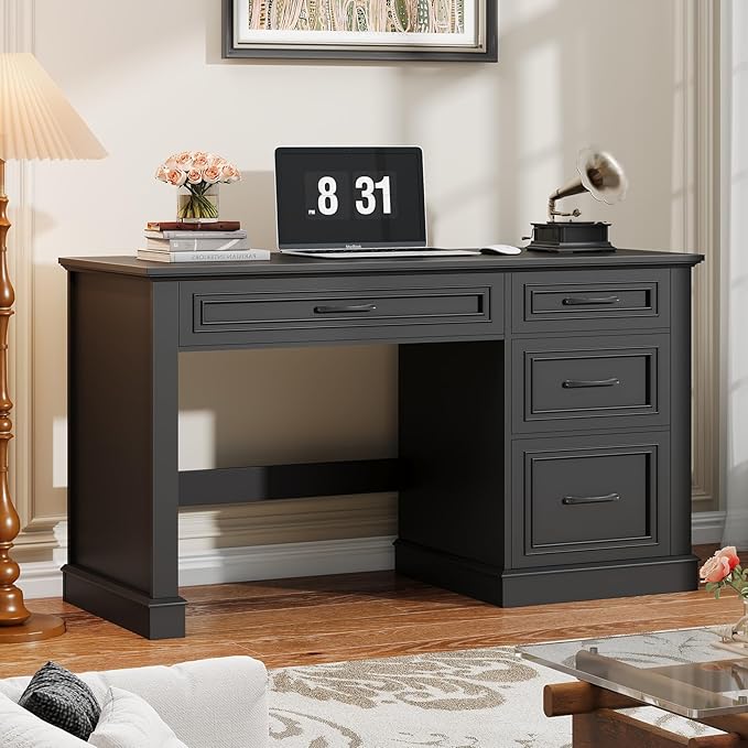 Vabches Farmhouse 47" Executive Desk, Computer Desk with Drawers and File Drawer, Workstation Computer Desk with Charging Station for Home Office, Study,（Pure Black
