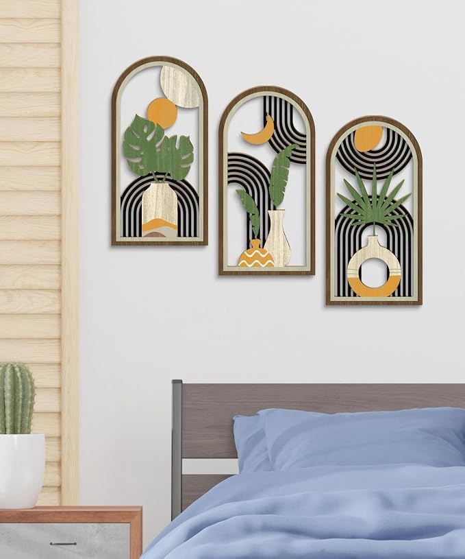 Putuo Decor Boho Wall Art Set of 3, Modern Minimalist Wooden Wall Decor, Flower Vase Abstract Aesthetic Room Decorations, Mid-Century Artwork for Living Room, Bedroom, Office (White, 16×8 in