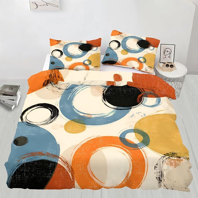 Retro Dirt Duvet Cover Full Size, Abstract Circle Geometry Art Bedding Set 3 Piece Bedroom Decor Farmhouse Comforter Cover with Zipper Ties & 2 Pillowcases