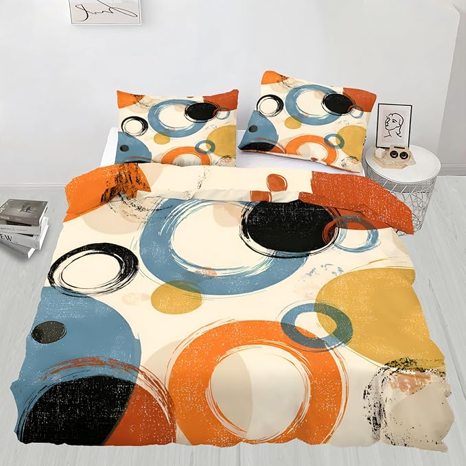 Retro Dirt Duvet Cover Oversized King, Abstract Circle Geometry Art Bedding Set 3 Piece Bedroom Decor Farmhouse Comforter Cover with Zipper Ties & 2 Pillowcases
