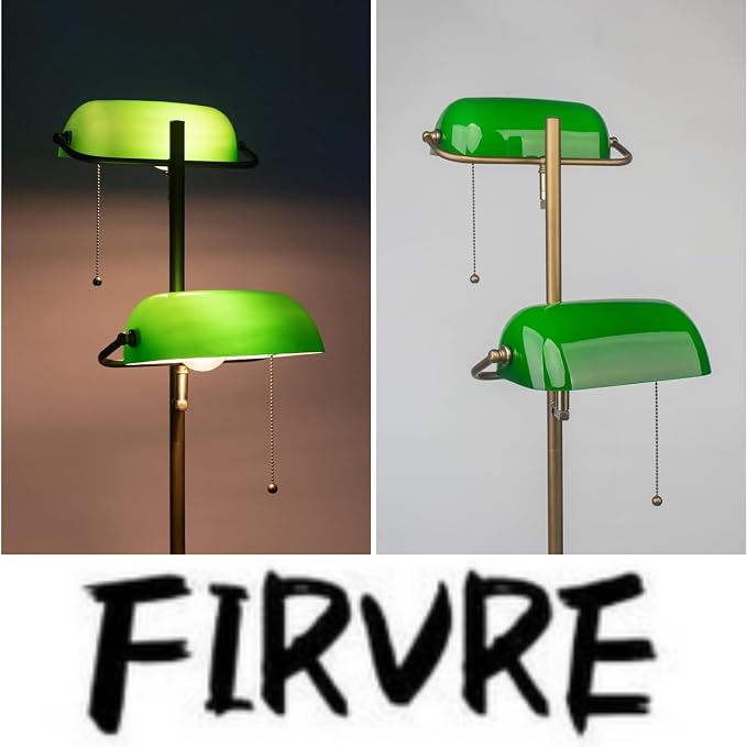 FIRVRE Green Glass Bankers Floor Lamp Classic Vintage Standing Lamp with Pull Chain Switch Adjustable Arm Reading Floor Light for Bedroom Headboard Workplace Office Piano Style Lamp