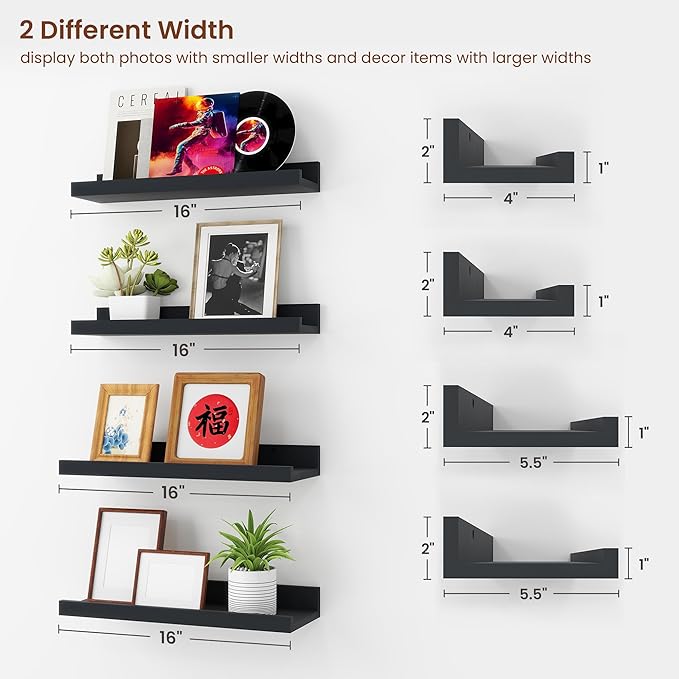 Axeman Picture Ledge Shelf | 16 Inch Black Floating Shelves Set of 4 | Rustic Wood Wall Shelves with Lip | 16" Picture Shelves for Wall with Ledge | Black Photo Shelves