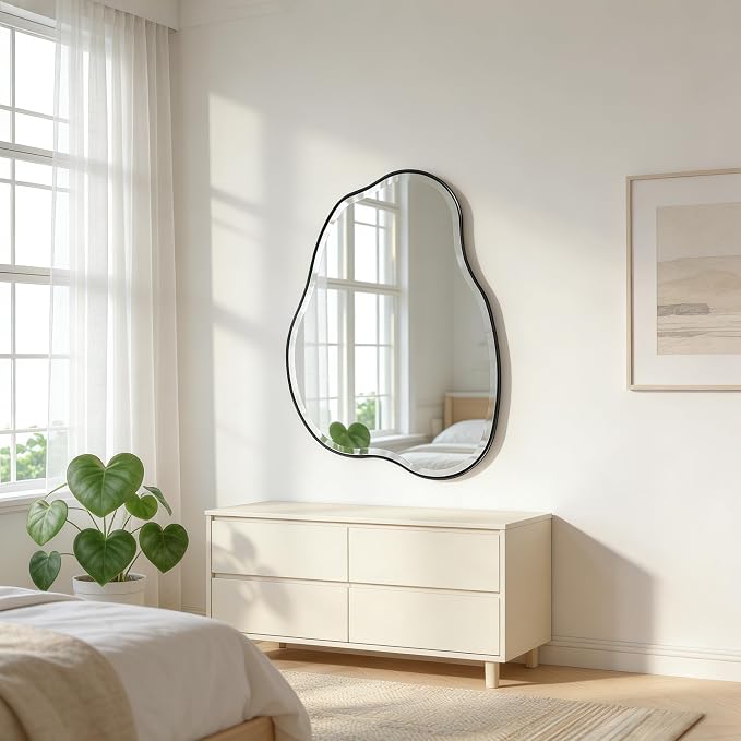 POZINO Irregular Beveled Wall Mirror, 36" x 24" Asymmetrical Vanity Mirror with Metal Frame, Organic Cloud Shaped Mirror for Bathroom Entryway Living Room Bedroom, Horizontal or Vertical Hanging