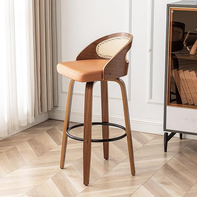 26" Swivel Rattan Bar Stools,Mid-Century Modern Orange Leather Upholstered Counter Height Stools,Kitchen Island Barstools with Rattan Low Backrest,Walnut Wood Finish Bar Chair,1PCS