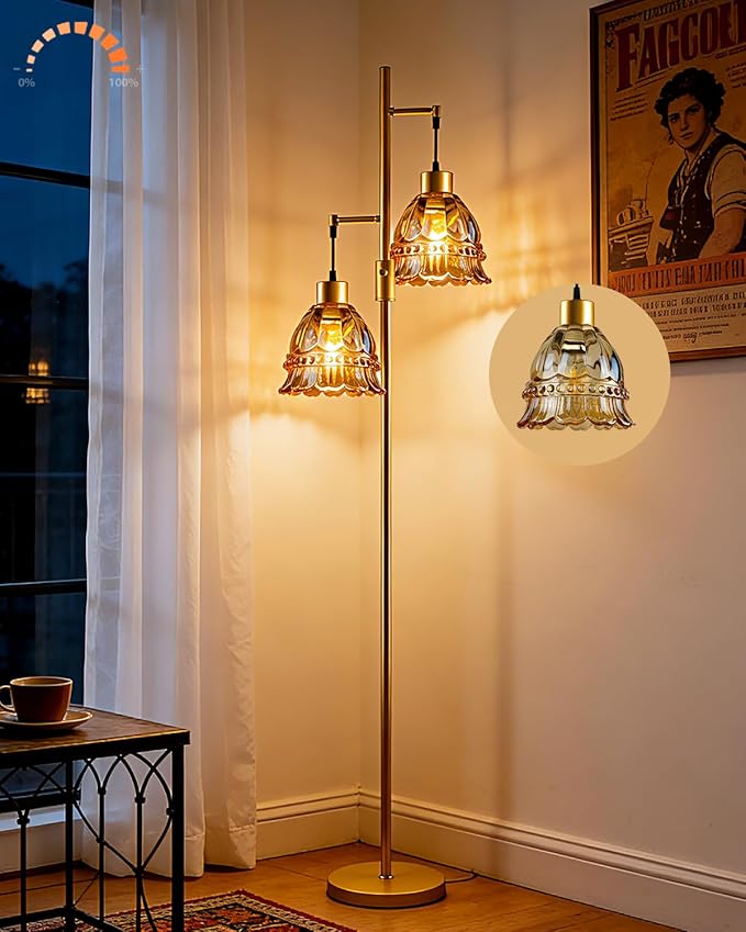 2-Light Modern Glass Floor Lamp, Gold Tall Standing Lamp with Amber Lace Glass Shade for Reading, Dimmable LED Floor Lamp with 5Lbs Heavy Base for Living Room Bedroom Home Decor, Bulb Included