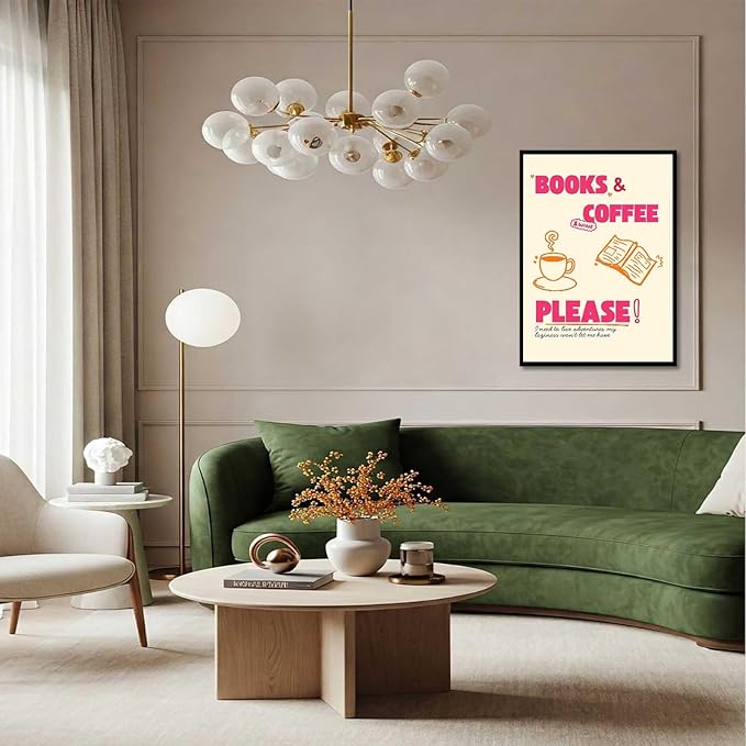 "Books & Coffee Please!" Canvas Wall Art Coffee Cup And A Book Illustrations Posters Cheerful And Casual Style Prints Modern Aesthetic For Living Room Bedroom Dorm Wall Decor 12x16in Wframed