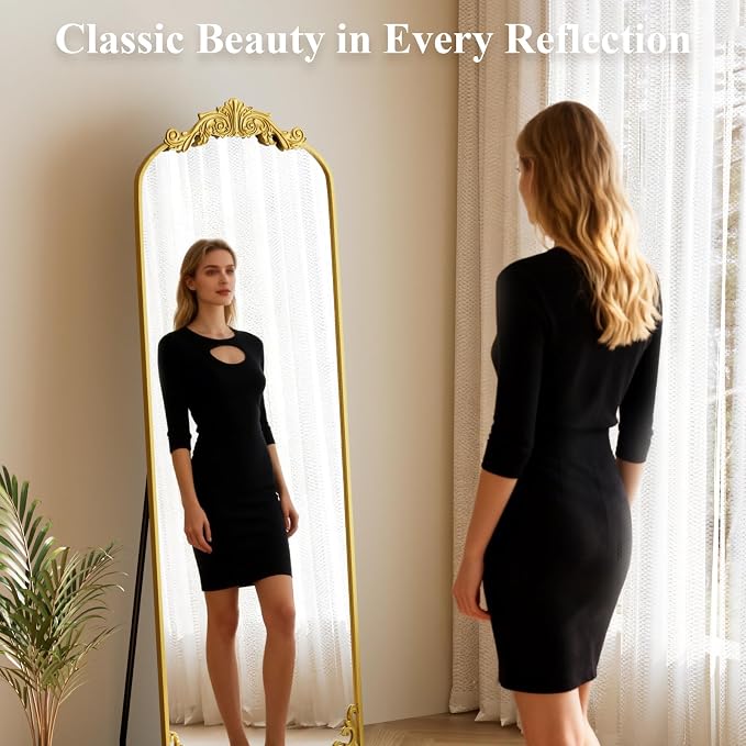 HARRITPURE Vintage Floor Mirror - 64"x 21" Large Baroque Carved Arched Full Length Mirrors with Metal Frame for Bedroom/Living Room/Entryway Retro Home Decor,Gold